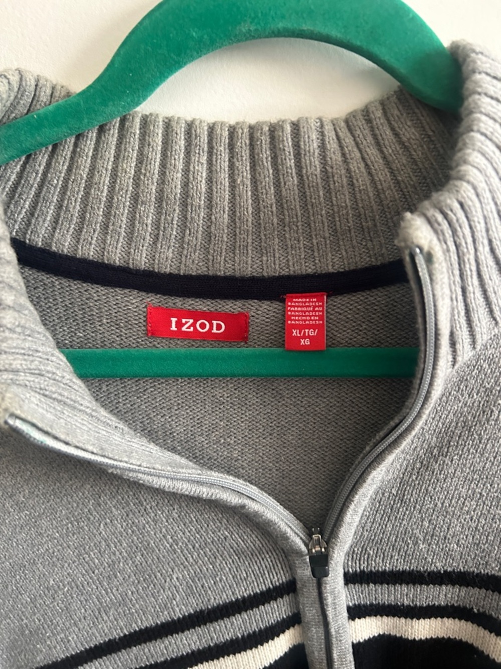Izod Men’s Gray Quarter-Zip Sweater with Black and White Stripes - Size XL - Picture 2 of 3